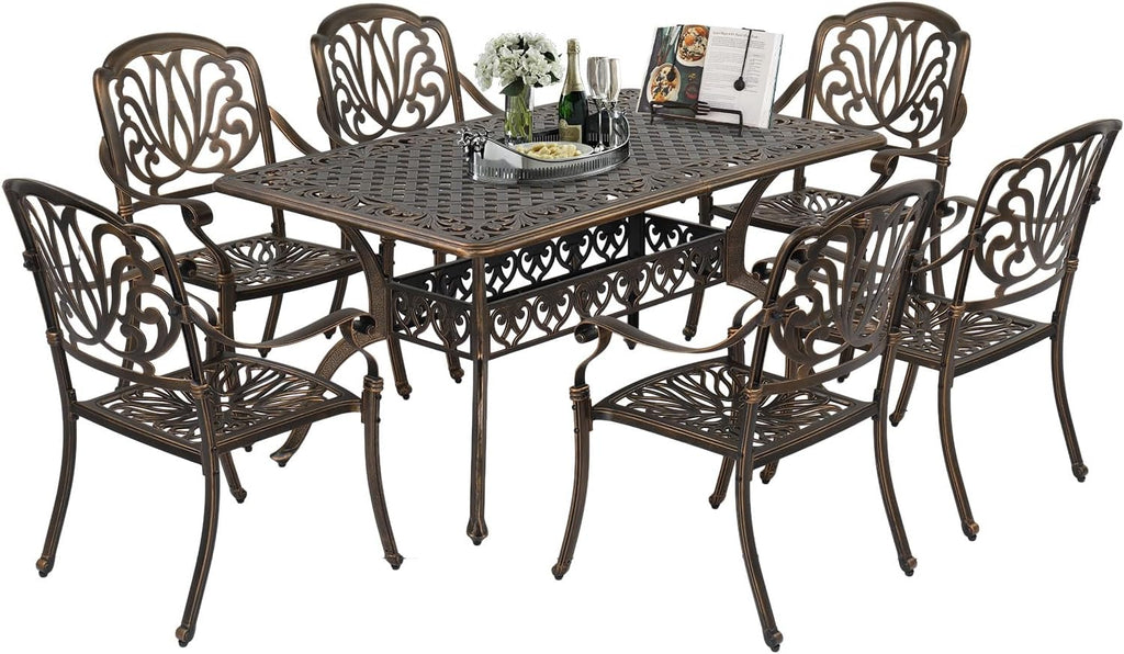 VINGLI 7-Piece Outdoor Dining Set, Cast Aluminum Patio Furniture Set for 6 with Umbrella Hole, Rectangular Outdoor Dining Table & 6 Stackable Chairs, All-Weather Garden/Poolside Dining Set Bronze