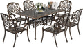 VINGLI 7-Piece Outdoor Dining Set, Cast Aluminum Patio Furniture Set for 6 with Umbrella Hole, Rectangular Outdoor Dining Table & 6 Stackable Chairs, All-Weather Garden/Poolside Dining Set Bronze