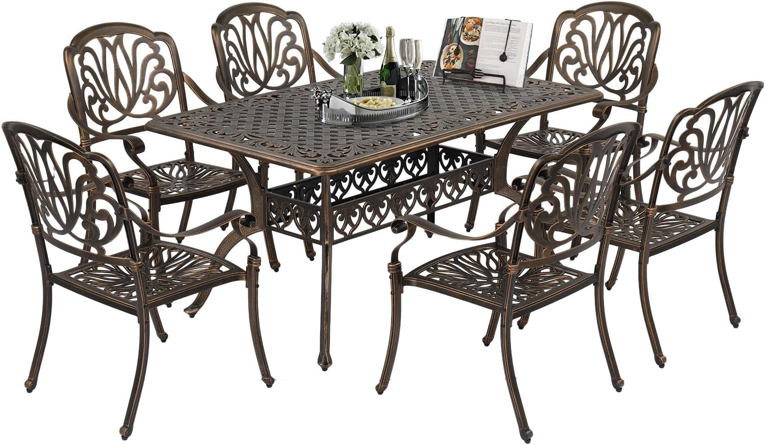 VINGLI 7-Piece Outdoor Dining Set, Cast Aluminum Patio Furniture Set for 6 with Umbrella Hole, Rectangular Outdoor Dining Table & 6 Stackable Chairs, All-Weather Garden/Poolside Dining Set Bronze