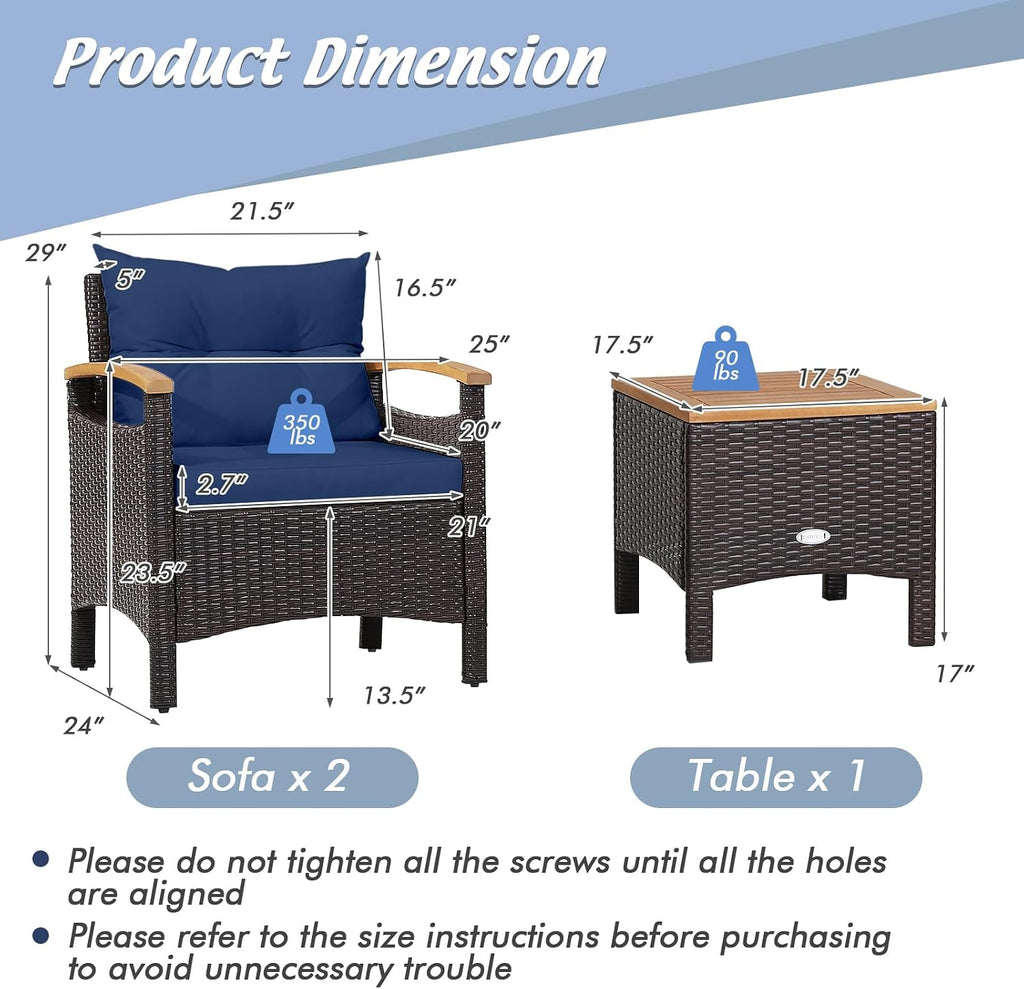 Tangkula 3-Piece Patio Furniture Set, Patiojoy Outdoor Rattan Sofa Set with Coffee Table, Patio Conversation Set with Removable Cushion, Cozy Acacia Wood Armrests for Backyard, Poolside (Navy)