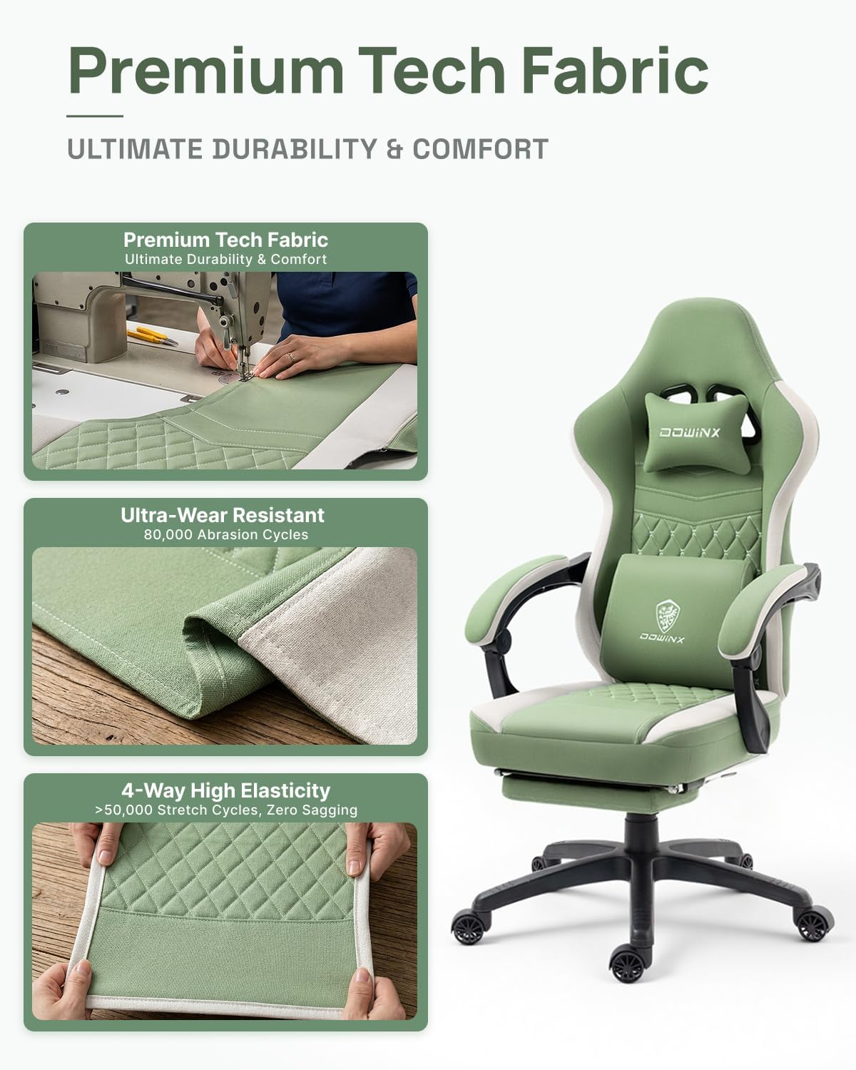 Dowinx Gaming Chair Breathable Fabric Game Chair with Gel Pad and Storage Bag, Comfortable Gamer Chair with Pocket Spring Cushion, Ergonomic Computer Chair with Footrest, Green
