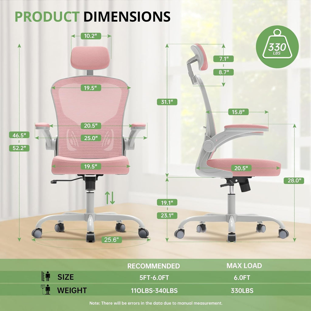Office Chair Ergonomic Desk Chair, 330LBS Capacity, High Back Computer Design for Long Hours Comfort, Rolling Swivel Executive Task for Home Office with Flip-up Armrests, Grey Pink