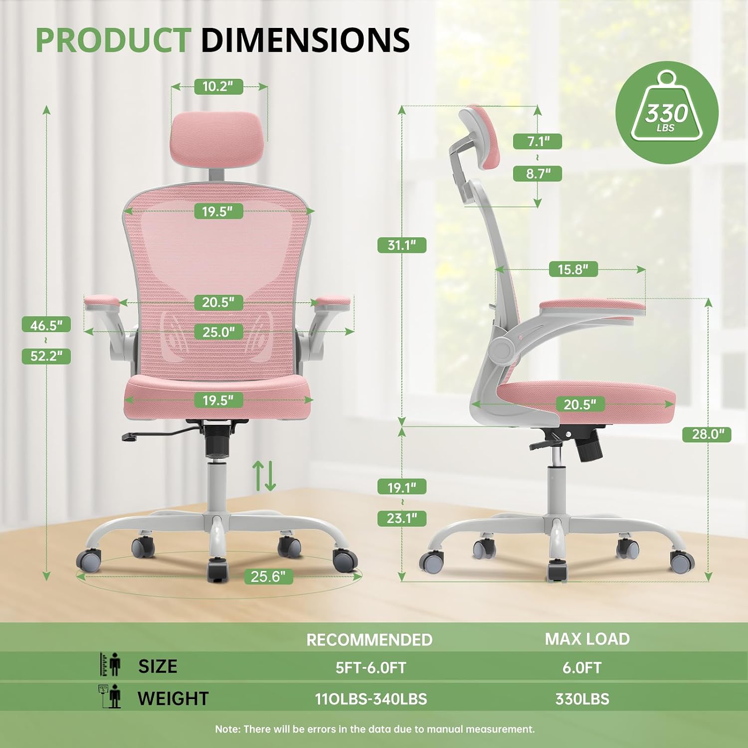 Office Chair Ergonomic Desk Chair, 330LBS Capacity, High Back Computer Design for Long Hours Comfort, Rolling Swivel Executive Task for Home Office with Flip-up Armrests, Grey Pink