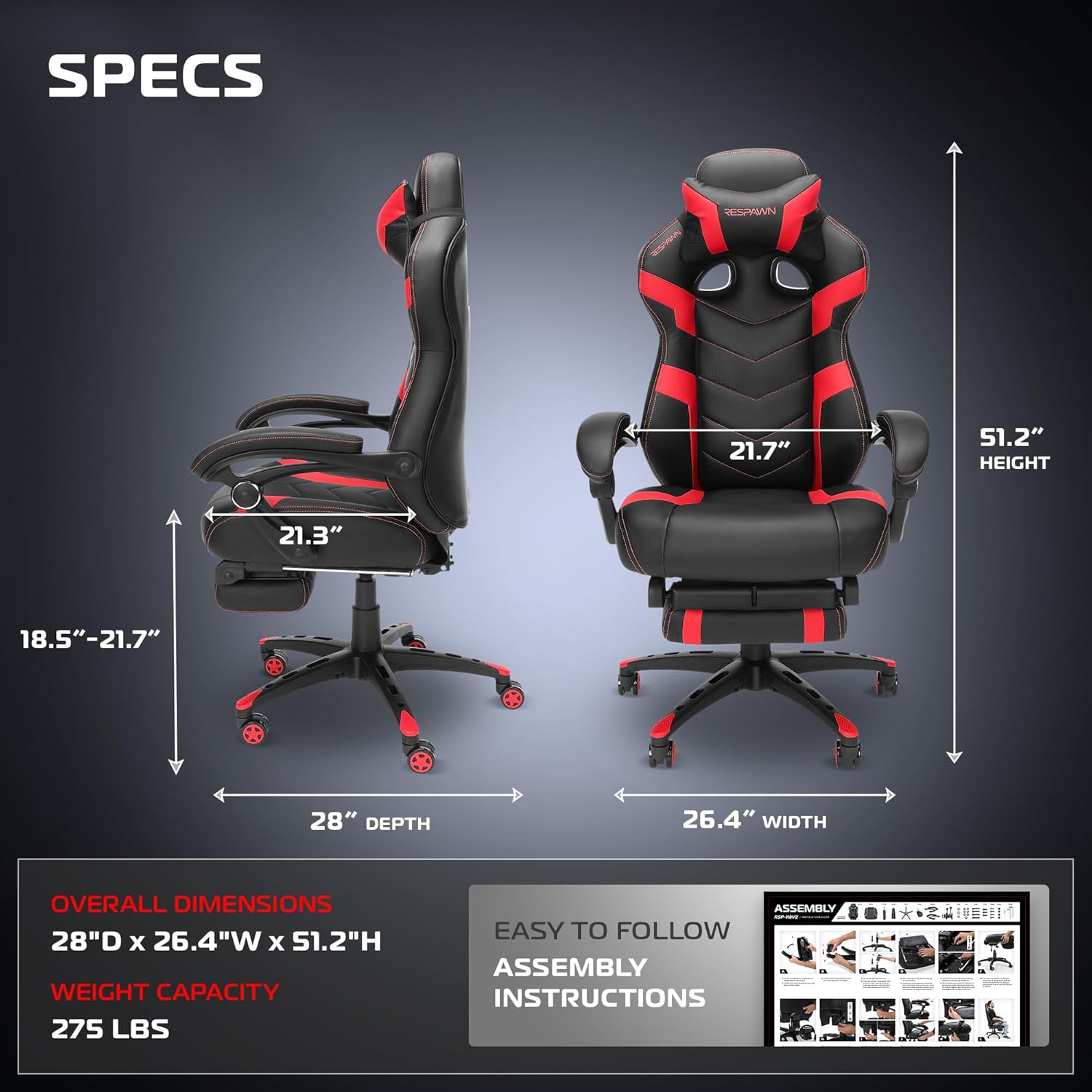 Respawn 110 Pro Ergonomic Gaming Chair with Footrest for Adults - Comfortable Office Gaming Recliner with Lumbar Support and Headrest, Racing Style Video Game Chairs for Computer Gamer - Red