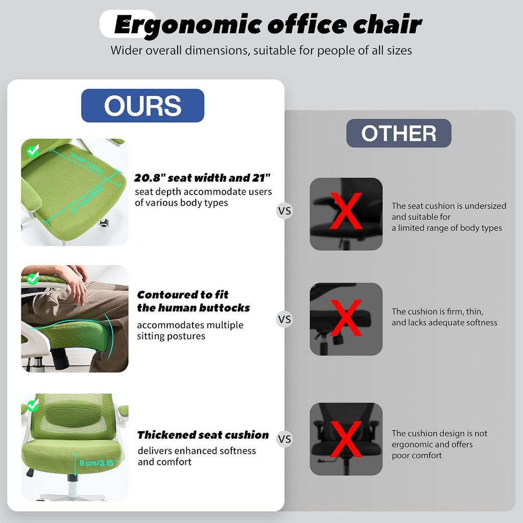 Fizzin Ergonomic Office Chair, 400 LBS Desk Chair with Adjustable Lumbar Support, High Back Breathable Mesh Computer Chair Rolling Work Swivel Task Chairs, Comfy Home Office Desk Chair (Green)