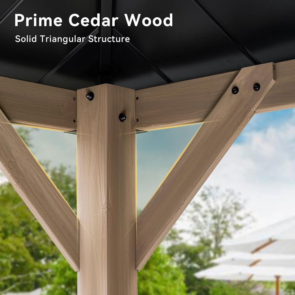Aoxun 12' x 20' Outdoor Wood Gazebo, Hardtop Gazebo Permanent Wooden Pavilion with Galvanized Steel Double Roof, for Patio, Garden, Backyard, Cedar Wood, Grey