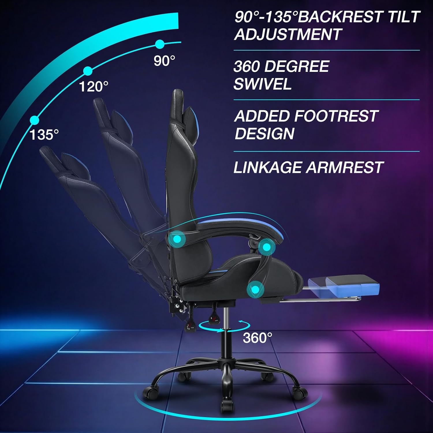 HOFFREE Gaming Chair with LED RGB Lights with Massage and Footrest Ergonomic Computer Chair High Back Video Game Chair with Adjustable Lumbar Support Linkage Armrest Blue and Black