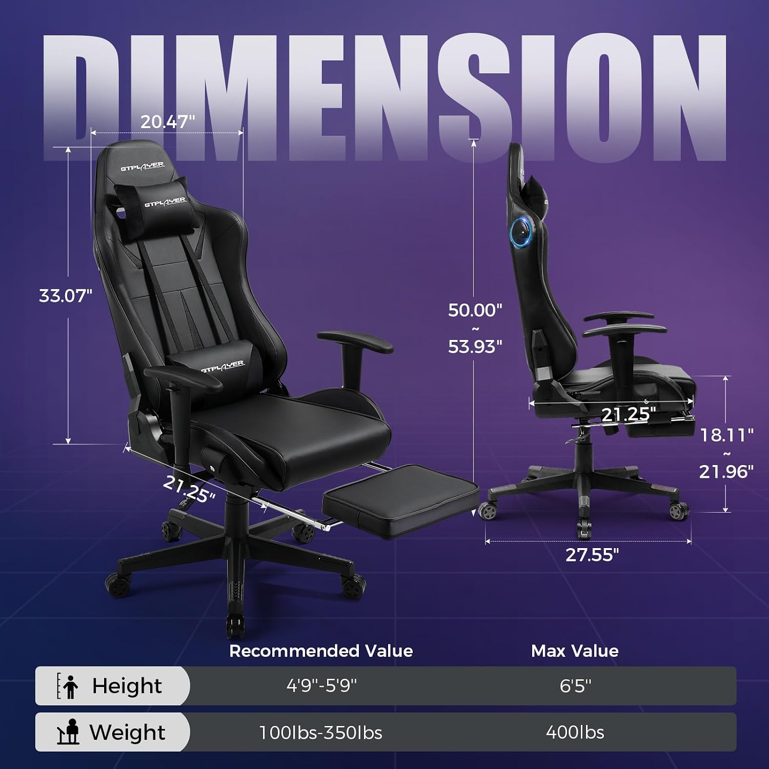 GTPLAYER Gaming Chair with Speakers, Video Game Chairs with Footrest for Adults, Ergonomic Computer PC Gamer Reclining Chair(Black)
