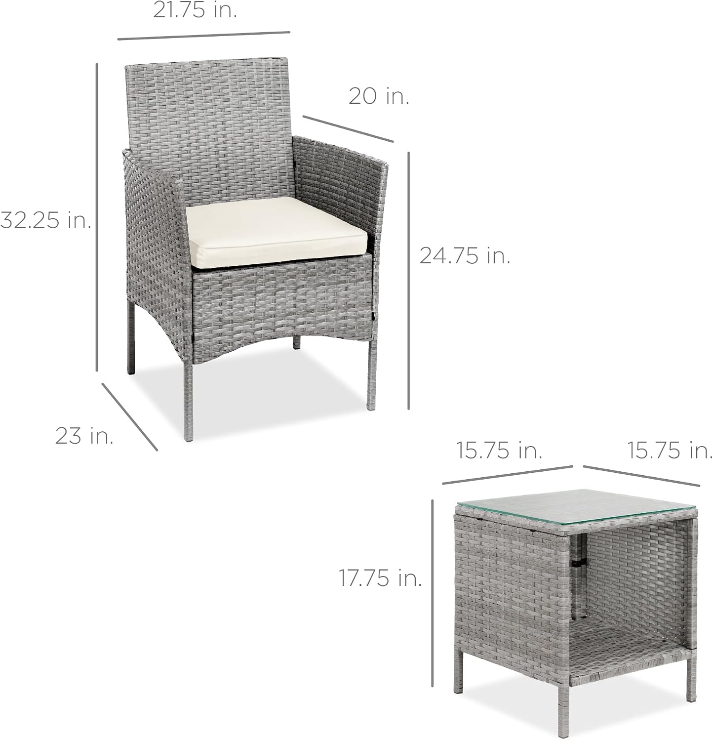 Best Choice Products 3-Piece Outdoor Wicker Conversation Bistro Set, Space Saving Patio Furniture for Garden w/Side Table - Gray/Cream