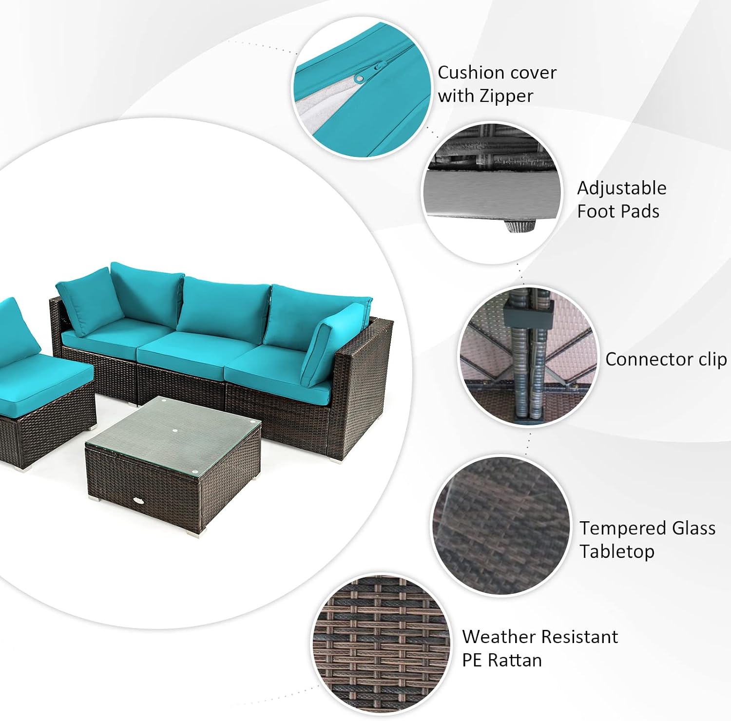 Tangkula 6-Piece Patio Furniture Set with 30' Propane Fire Pit Table, Outdoor PE Wicker Conversation Set with Cushions and Tempered Glass Coffee Table, Gas Fire Pit Table with 50,000 BTU (Turquoise)