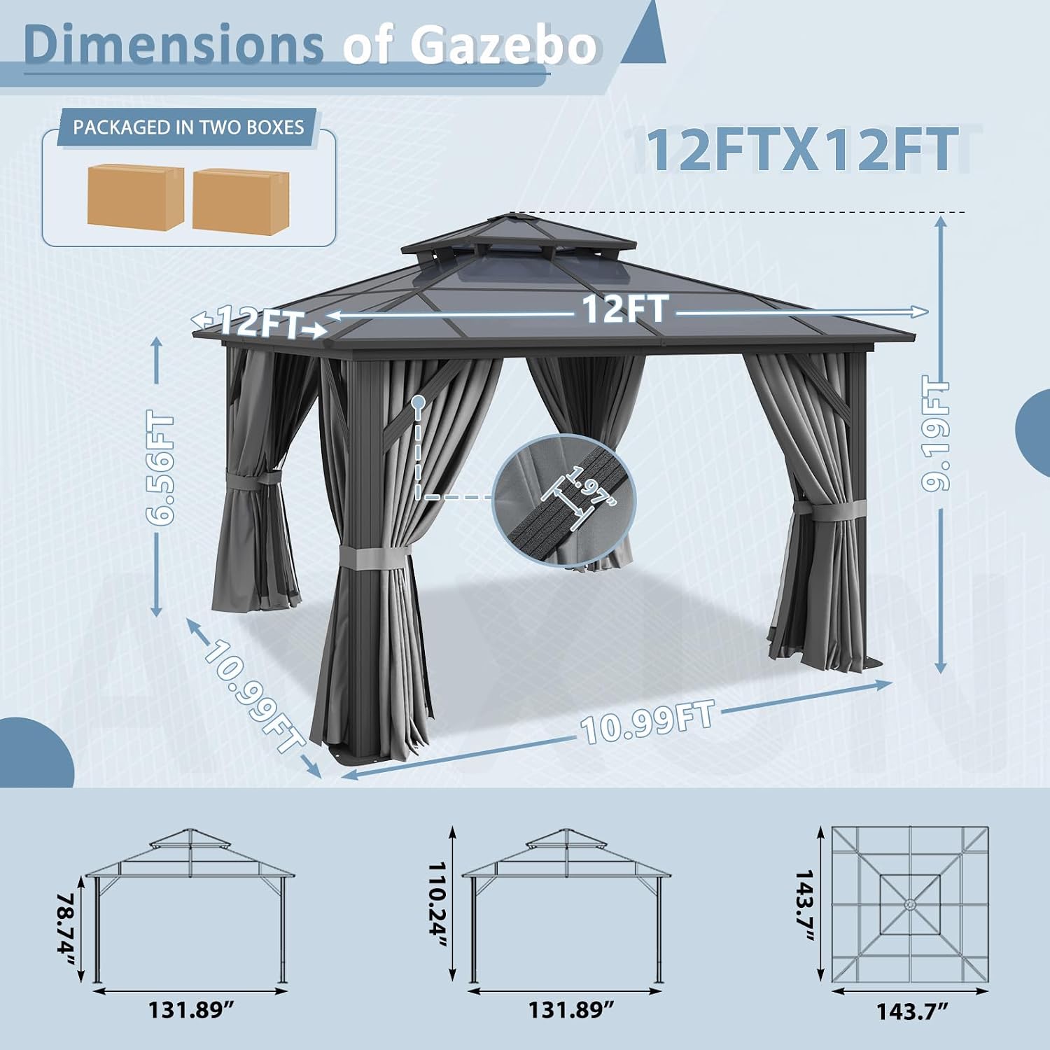 Aoxun 12'x12' Hardtop Gazebo,Permanent Aluminum-Framed Pavilion with Curtains & Mesh Screens, Featuring a Double-Layered Polycarbonate Roof, Ideal for Patios, Lawns, & Gardens, Gray