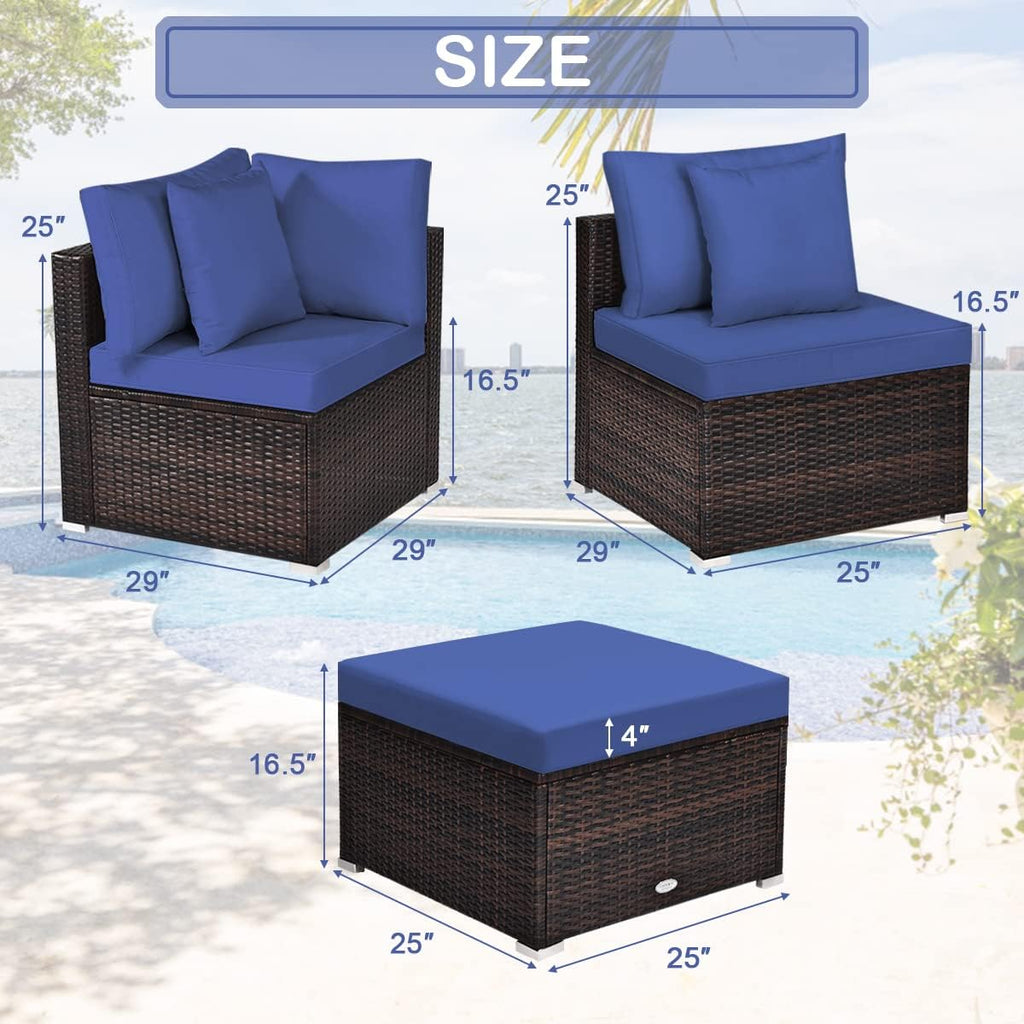 Tangkula 4 PCS Patio Rattan Sofa Set, Outdoor Wicker Sectional Furniture Set, Patio Conversation Set with Removable Cushions & Pillows for Backyard Porch Garden Poolside Balcony (Blue)