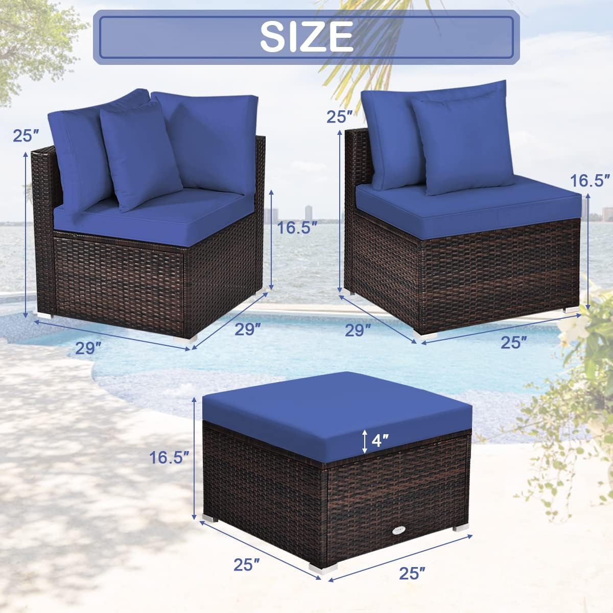 Tangkula 4 PCS Patio Rattan Sofa Set, Outdoor Wicker Sectional Furniture Set, Patio Conversation Set with Removable Cushions & Pillows for Backyard Porch Garden Poolside Balcony (Blue)