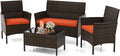 KOTEK 4 Piece Patio Furniture Set, Outdoor Rattan Conversation Set with Loveseat, Wicker Chairs, Tempered Glass Coffee Table, Wicker Patio Set for Backyard, Porch (Orange)