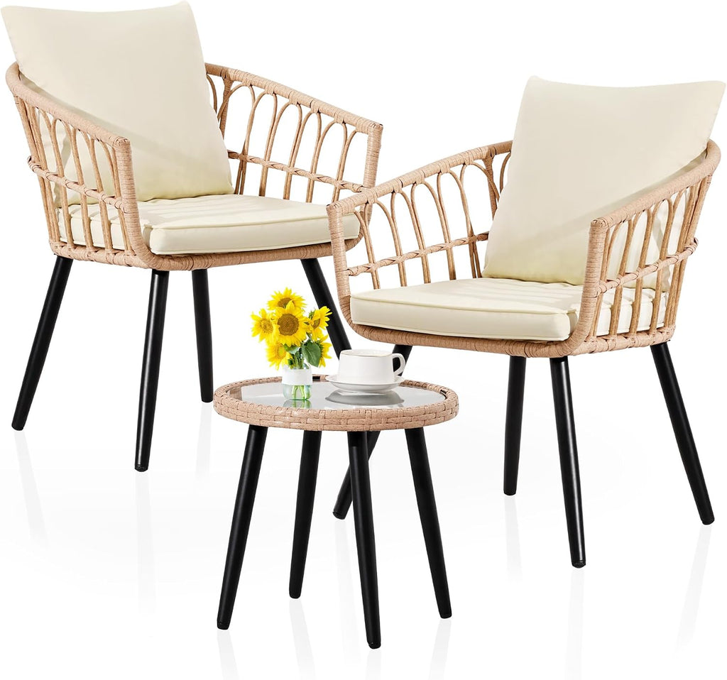 FHFO 3 Piece Outdoor Patio Bistro Set, Wicker Table and Chairs Set of 2, All-Weather Rattan Balcony Furniture Set for Patio Front Porch Apartment, Natural/Beige