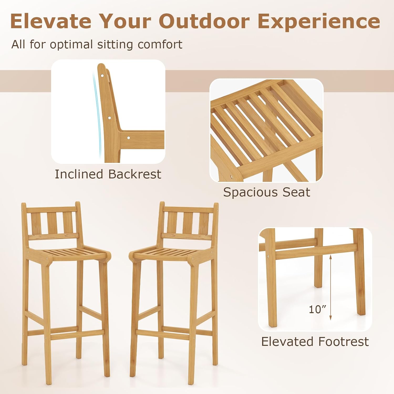 Tangkula Teak Wood Bar Stool, 30' Bar Chair with Footrest & Backrest, Wooden Bar Height Chair, Patio Furniture for Deck, Poolside & Garden, Natural (1)