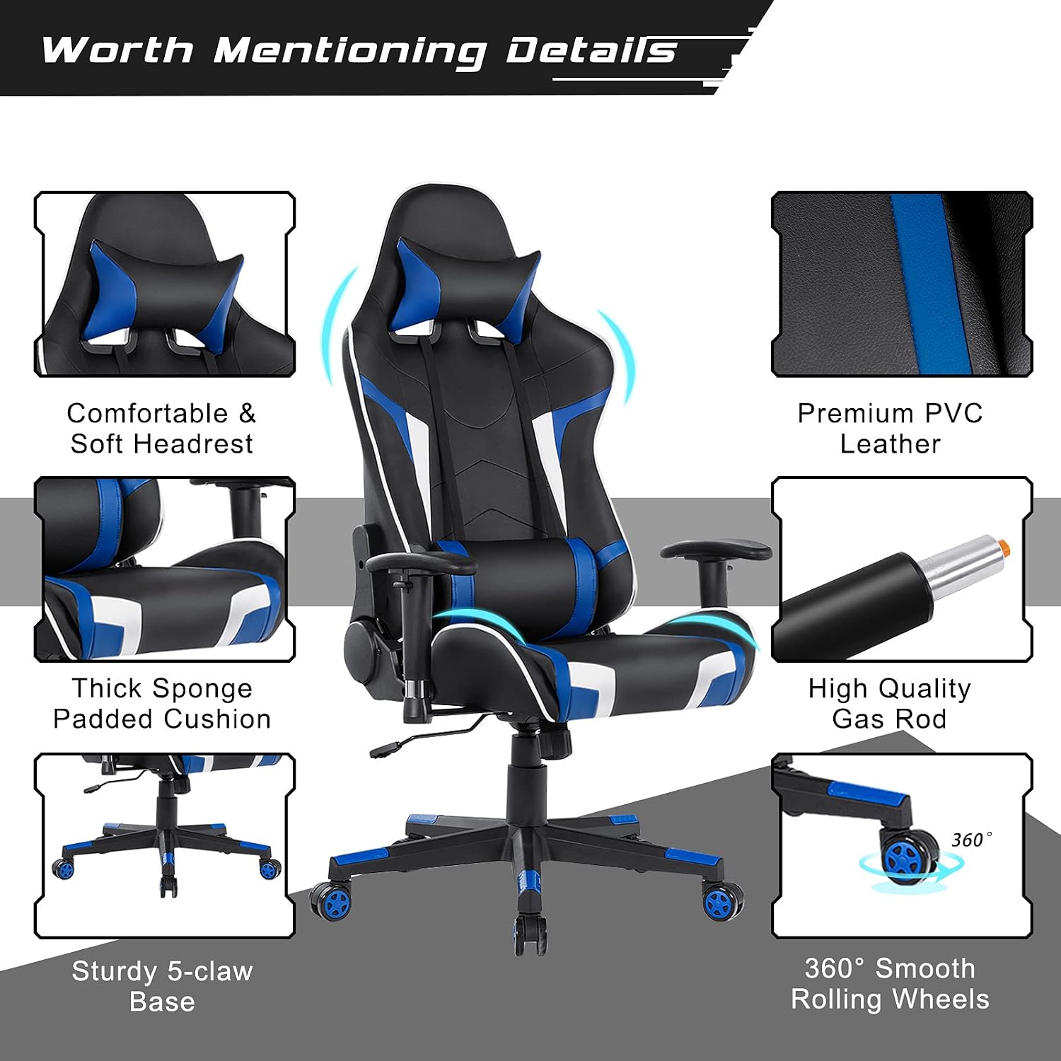 GYMAX Gaming Chair, Massage Gaming Chairs for Adults with Headrest, Lumbar Support & Armrest, Video Computer Reclining Gaming Chair, Office Desk Gamer Task Chair (Blue with Black X-Shape Desk)
