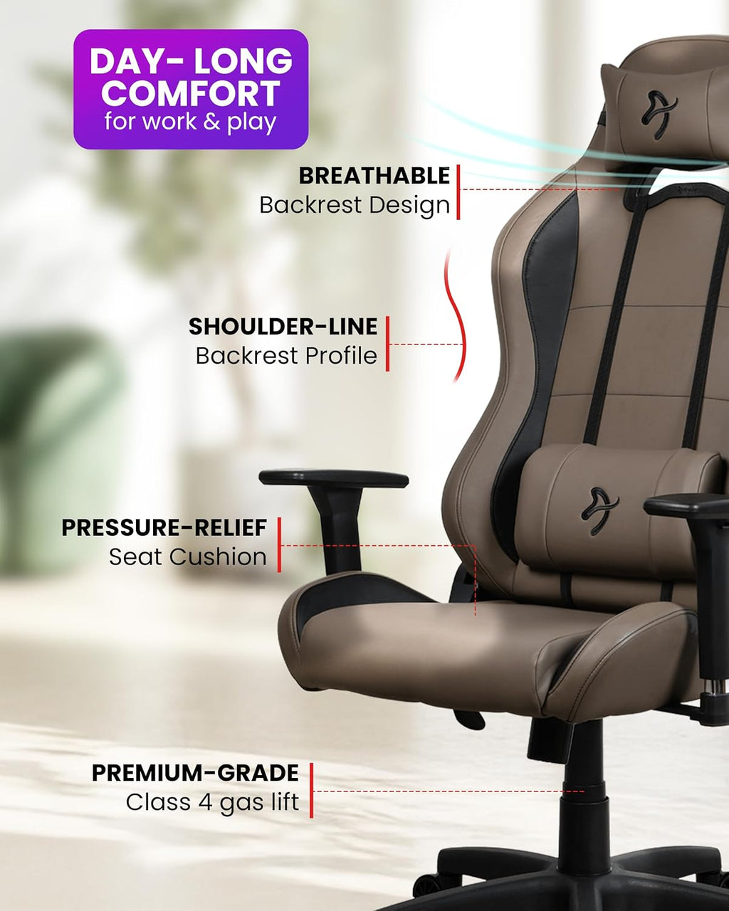 Arozzi Torretta Gaming Chair - Soft PU Ergonomic Gaming Chair for Adults Adjustable Backrest with Neck & Lumbar Pillows - Swedish Design Home Office Setup Professional Computer Chairs, Brown