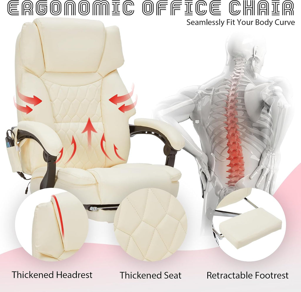 Massage Office Chair with Foot Rest 6 Points Vibration and Heat Home Office Desk Chairs for Heavy People 400lbs Reclining Managerial Chairs Ergonomic Executive Chair (Cream)