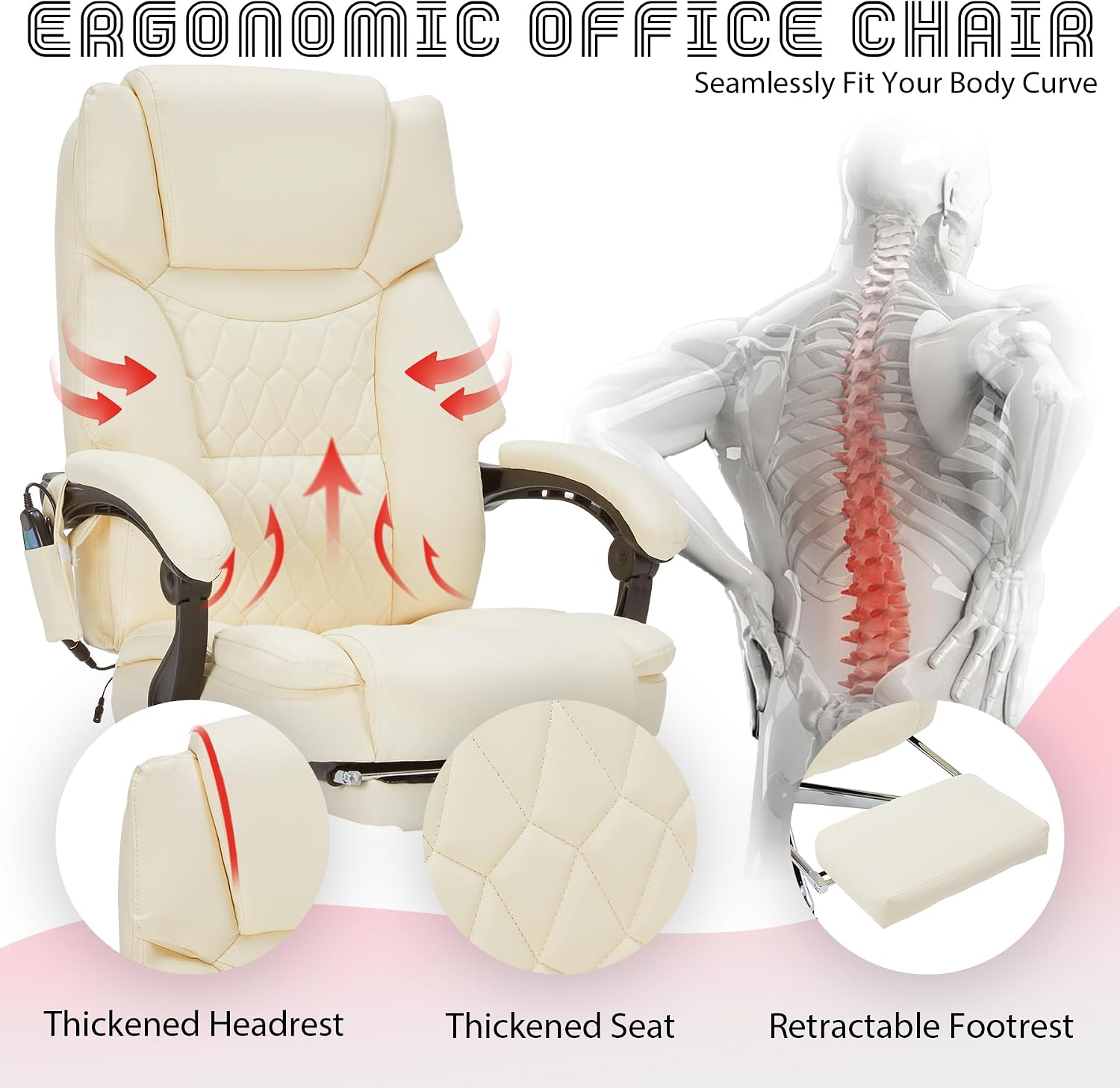Massage Office Chair with Foot Rest 6 Points Vibration and Heat Home Office Desk Chairs for Heavy People 400lbs Reclining Managerial Chairs Ergonomic Executive Chair (Cream)