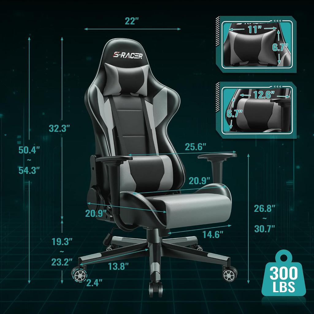 Furniwell Gaming Chair Racing Computer Chair Office Desk Chair Adjustable Swivel High Back Carbon Fiber Style Leather Executive Ergonomic Chair with Headrest and Lumbar Support (Grey)