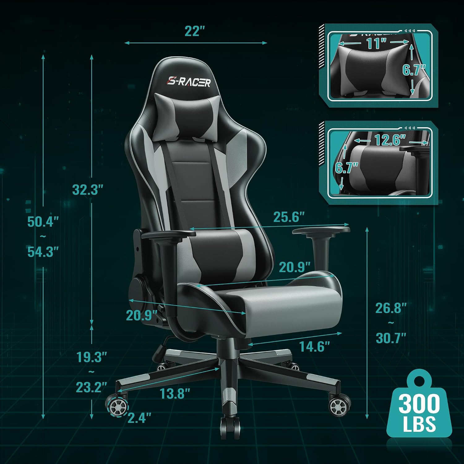 Furniwell Gaming Chair Racing Computer Chair Office Desk Chair Adjustable Swivel High Back Carbon Fiber Style Leather Executive Ergonomic Chair with Headrest and Lumbar Support (Grey)