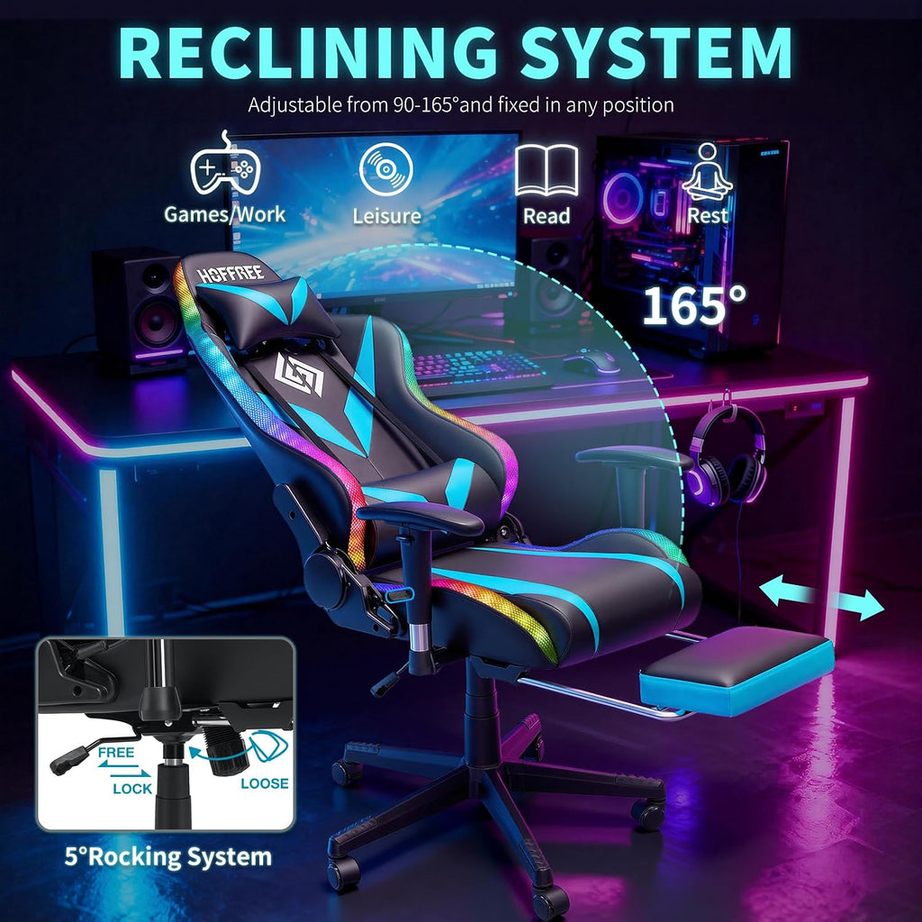 HOFFREE Gaming Chair with Bluetooth Speakers and Led Lights Massage Video Game Chair with Footrest Reclining High Back Computer Gamer Chair Blue and Black