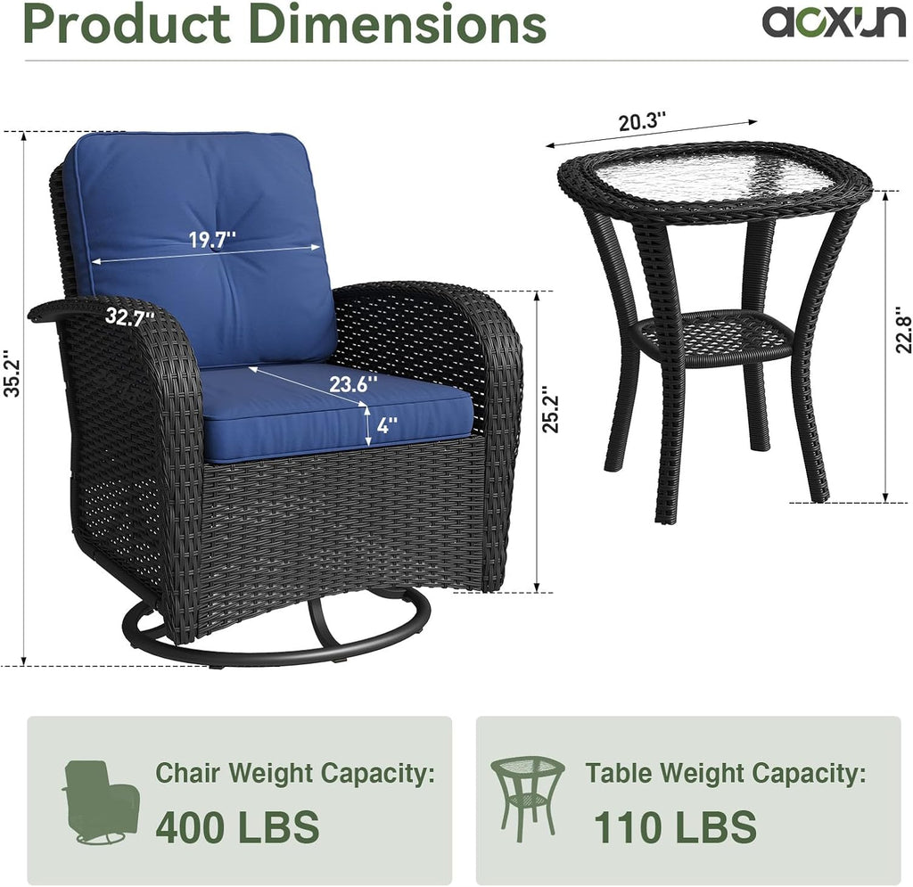 Aoxun 3 Pieces Patio Furniture Set, Patio Swivel Rocker Chairs Set of 2, Wicker Outdoor Bistro Set with Rocking Chair, Thickened Cushions and Table for Porch (Navy Blue)