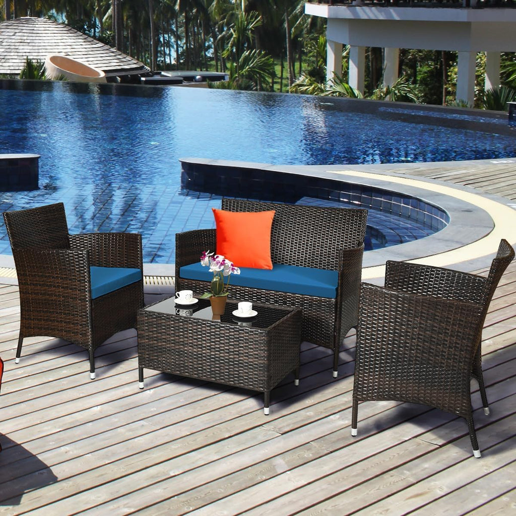 HOMGX 4-Piece Rattan Patio Furniture Set, Sectional Sofa Chair, Wicker Set with Tempered Glass Coffee Table & Thick Cushions, Perfect for Garden, Lawn, Poolside, Backyard (Peacock Blue)