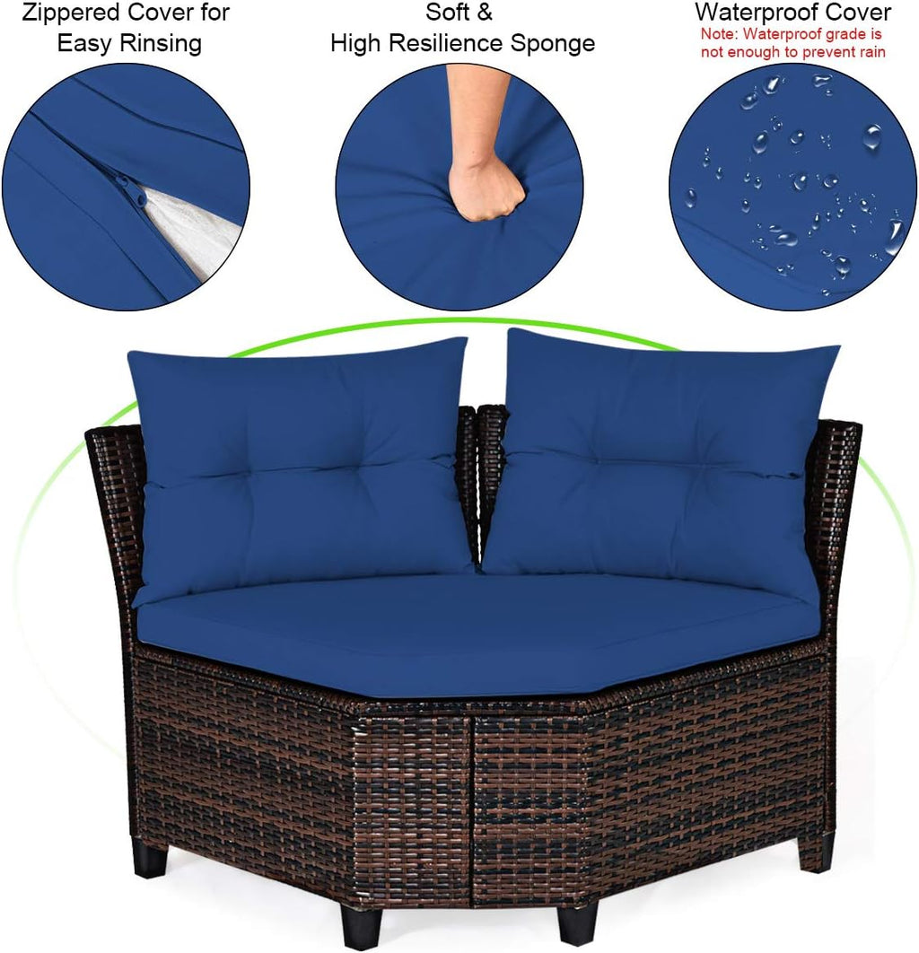 Tangkula 4-Piece C Shape Patio Furniture Set, Outdoor Corner Wicker Rattan Sectional Cushioned Sofa Set, with Glass Coffee Table, for Garden Poolside Balcony (Navy Blue)