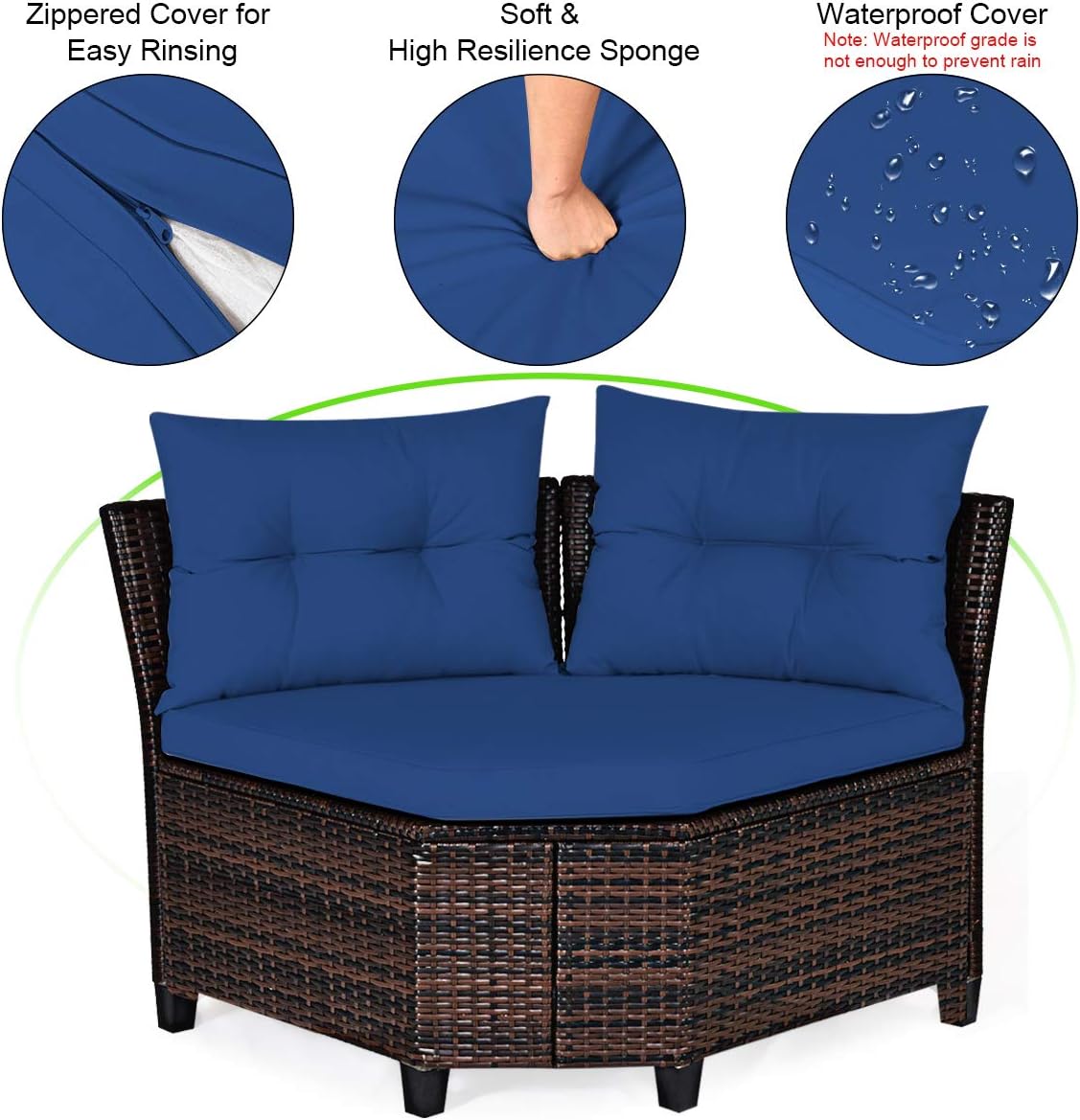 Tangkula 4-Piece C Shape Patio Furniture Set, Outdoor Corner Wicker Rattan Sectional Cushioned Sofa Set, with Glass Coffee Table, for Garden Poolside Balcony (Navy Blue)