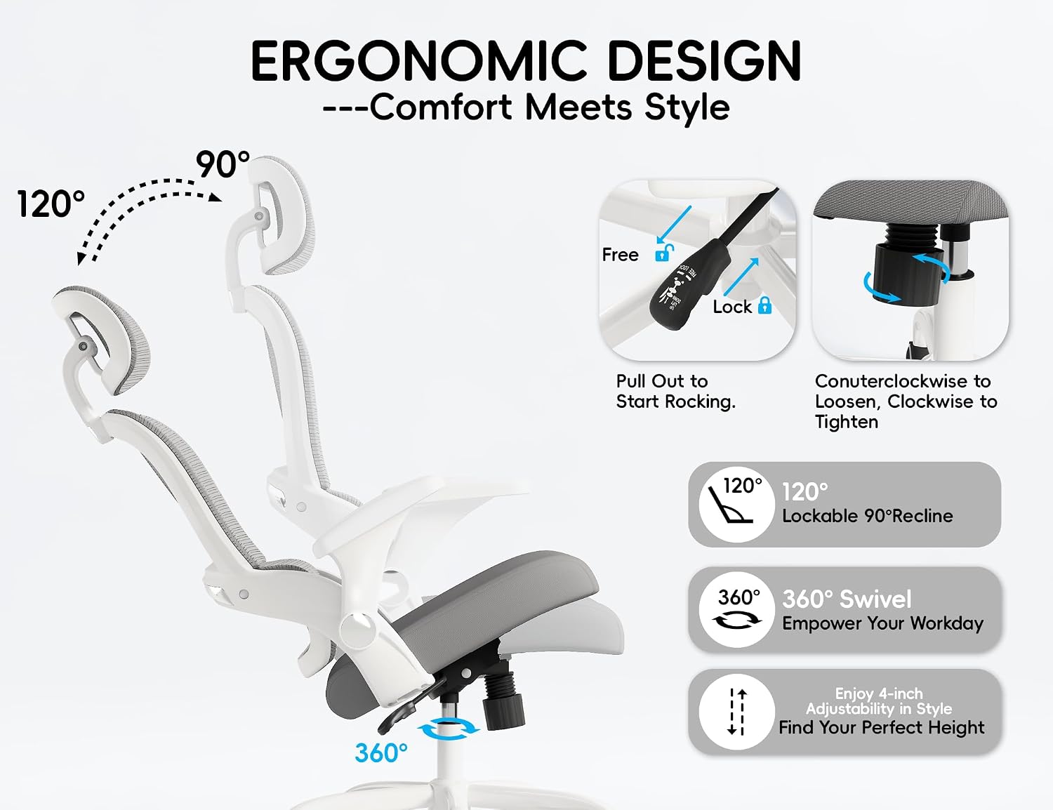 TRALT Office Chair - Ergonomic Office Chair with Back Support, Computer Chair - Home Office Desk Chairs, 330lbs Wide Seat Big and Tall Office Chairs with Headrest, Comfy Desk Chairs (Grey)