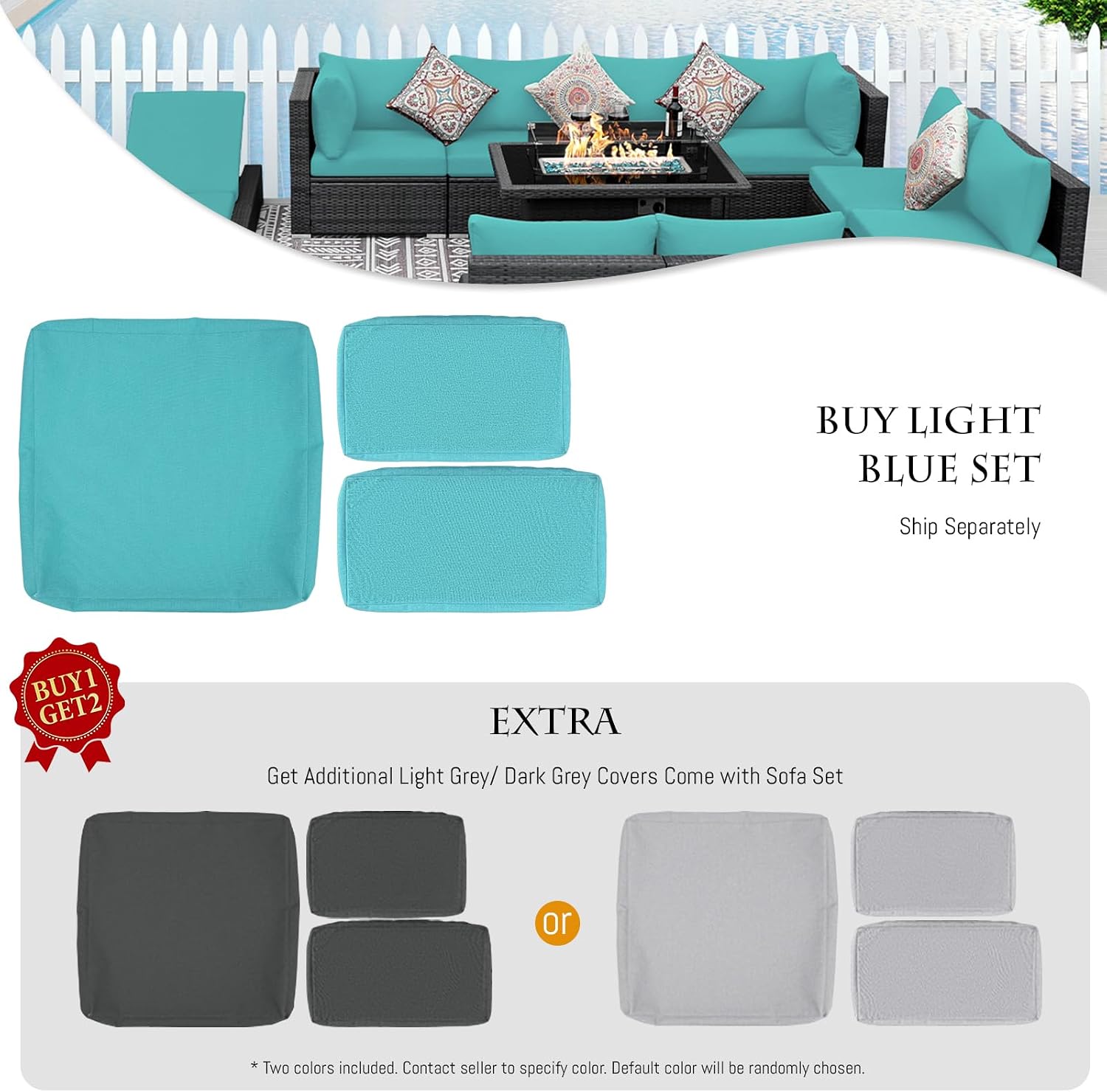 BULEXYARD 7 Piece High Back Outdoor Sectional Set with Fire Pit Table, Wicker Patio Furniture Set Weather-Resistant, Modular 6-Person Couch Sofa Comfortable Wide Deep Seats for Backyard, Grey & Teal
