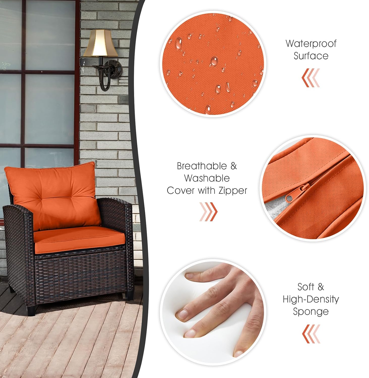 COSTWAY 3PCS Patio Furniture Set, PE Rattan Wicker Sofa w/Washable Cushion and Coffee Table, Tempered Glass Tabletop, Outdoor Conversation Set for Balcony, Porch, Yard, Backyard, Lawn (Orange)