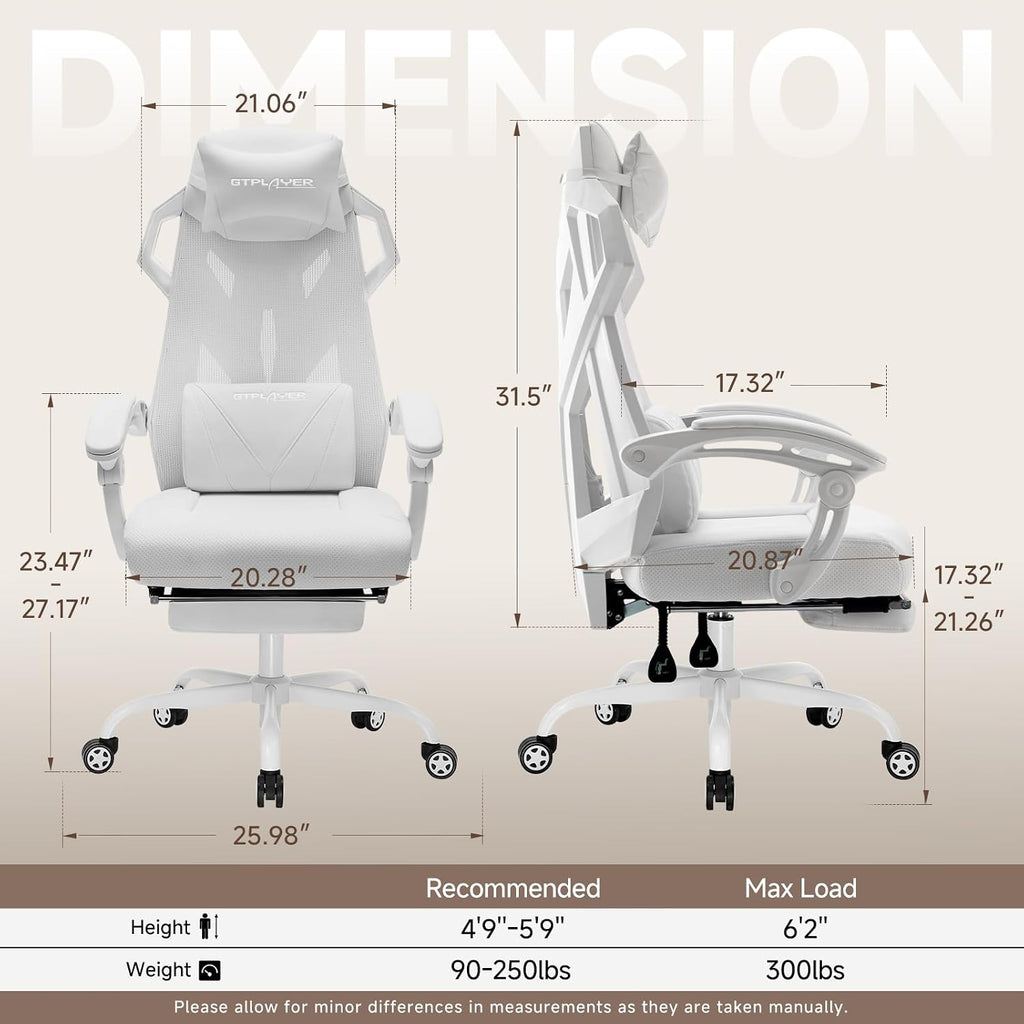 GTPLAYER Computer Chair with Adjustable Footrest, Ergonomic Gaming Chair with Headrest and Lumbar Support, Breathable Mesh Office Chair for Adults, High Back Reclining Desk Chair for Gaming and Office