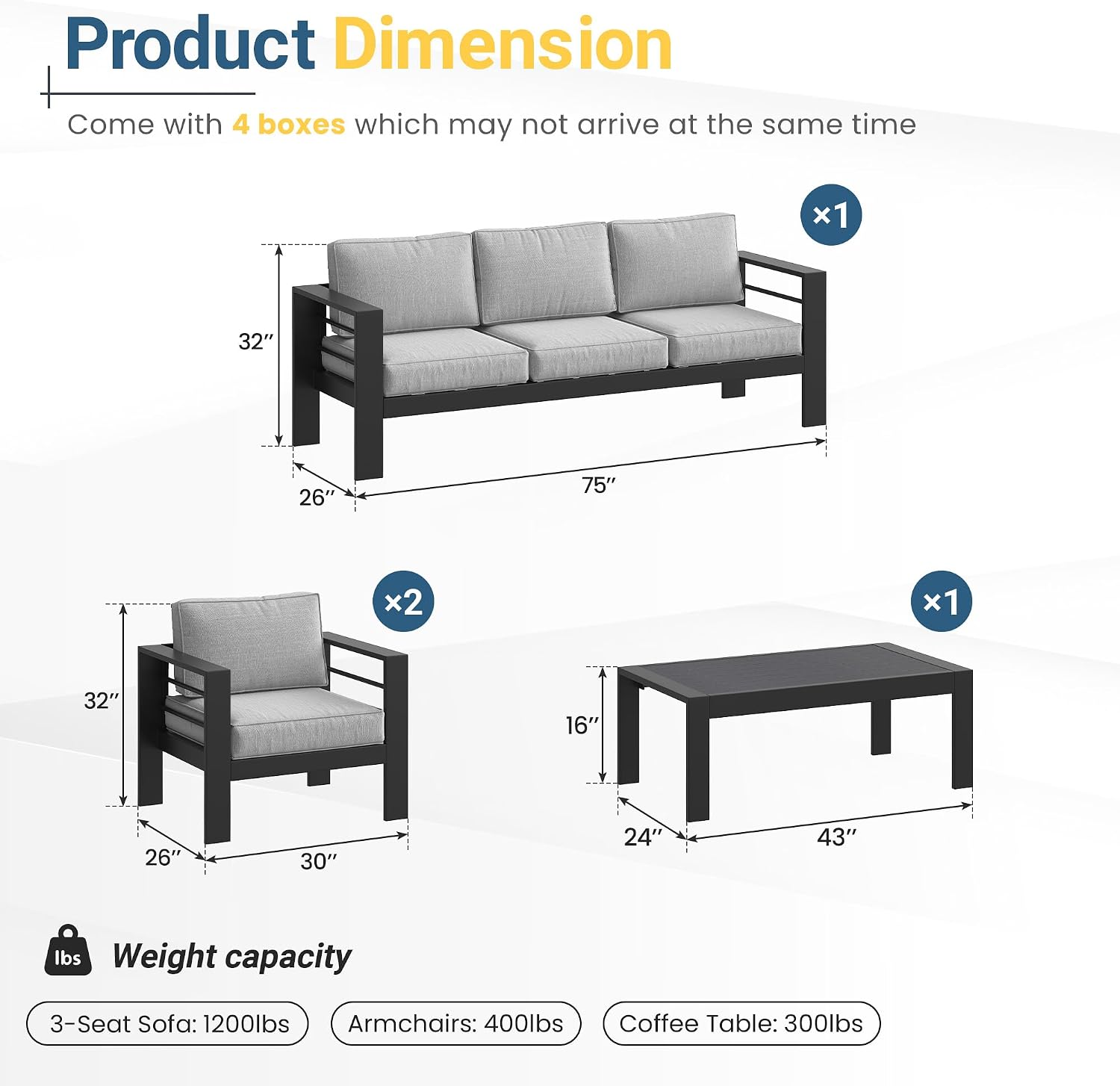Solaste Aluminum Patio Furniture Set for All Weather, Oversized Outdoor Furniture Set with 27.5' Deep Seating and 3.2' Wide Armrest, Outdoor Patio Conversation Sets with 5' Cushion,Black and Grey