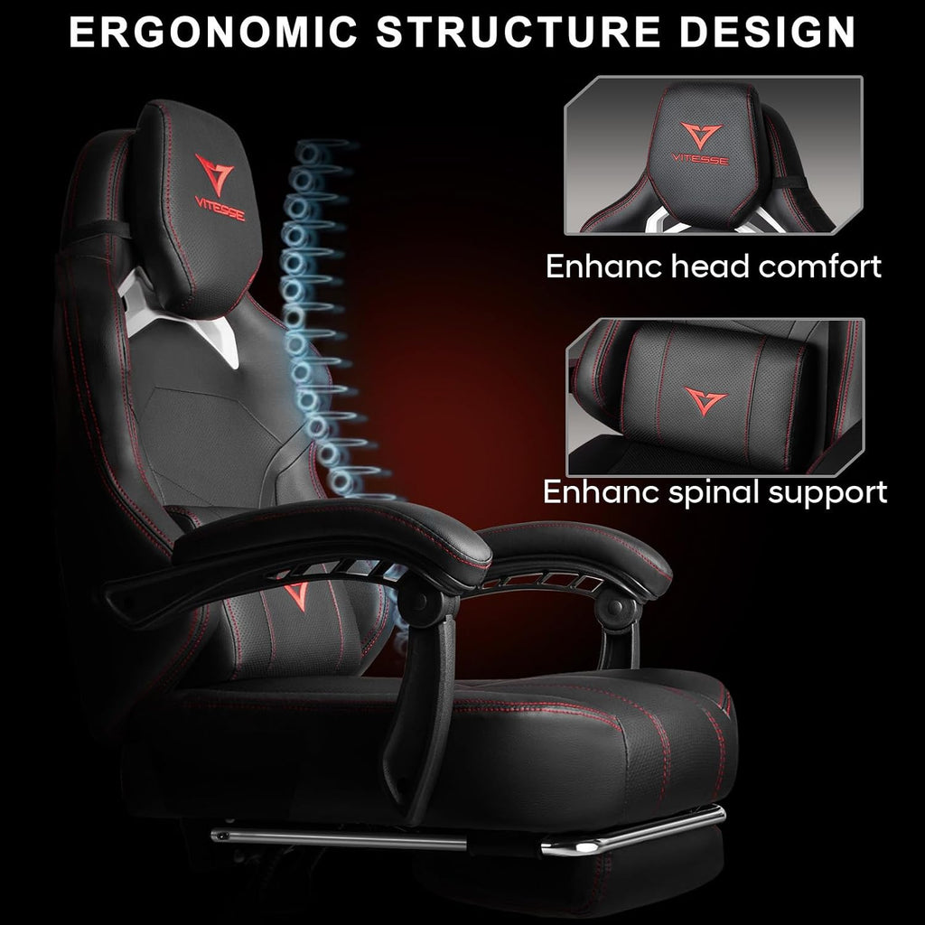 VITESSE Big and Tall Gaming Chair 400lb Weight Capacity with Footrest, Ergonomic Video Game Chair for Adults with Oversized Headrest and Lumbar Pillow, Computer Chair Gaming for Office (Black+Red)