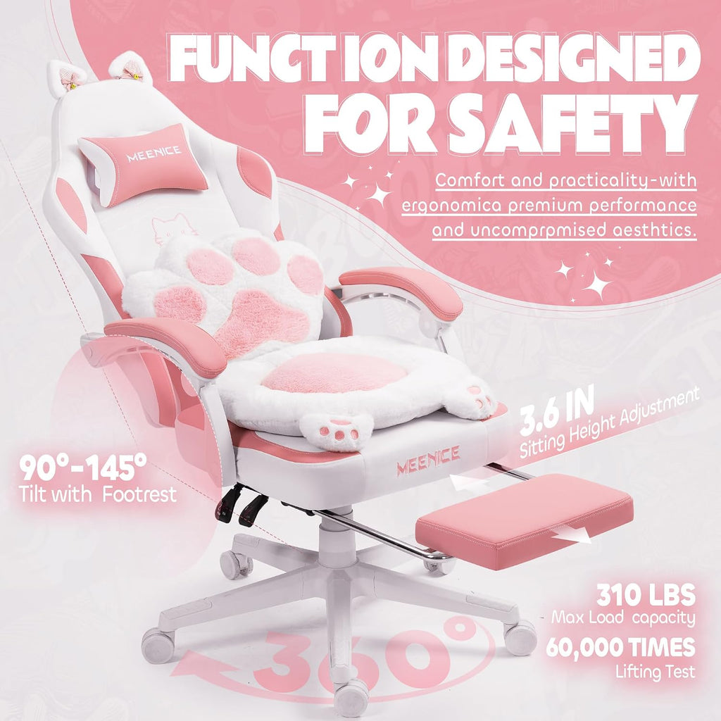 Pink Gaming Chair Cute with Cat Ears Paw Lumbar and Cushion,Ergonomic Computer Chair with Footrest,Reclining PC Game Chair for Girl Computer Chair 300lbs for Adult