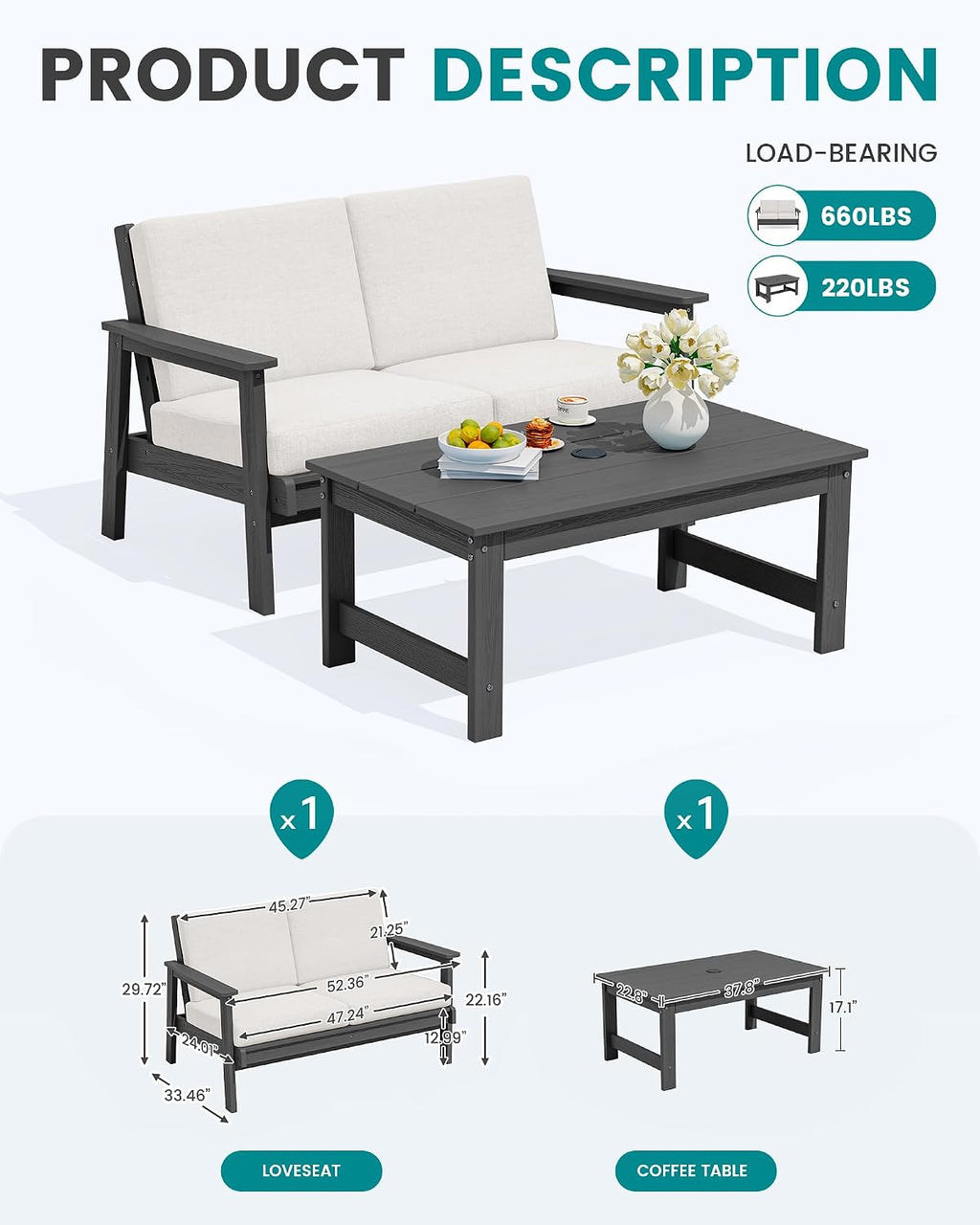 SERWALL Outdoor Loveseat, All-Weather HDPE Outdoor Furniture Set, Grey Frame and Khaki Cushion