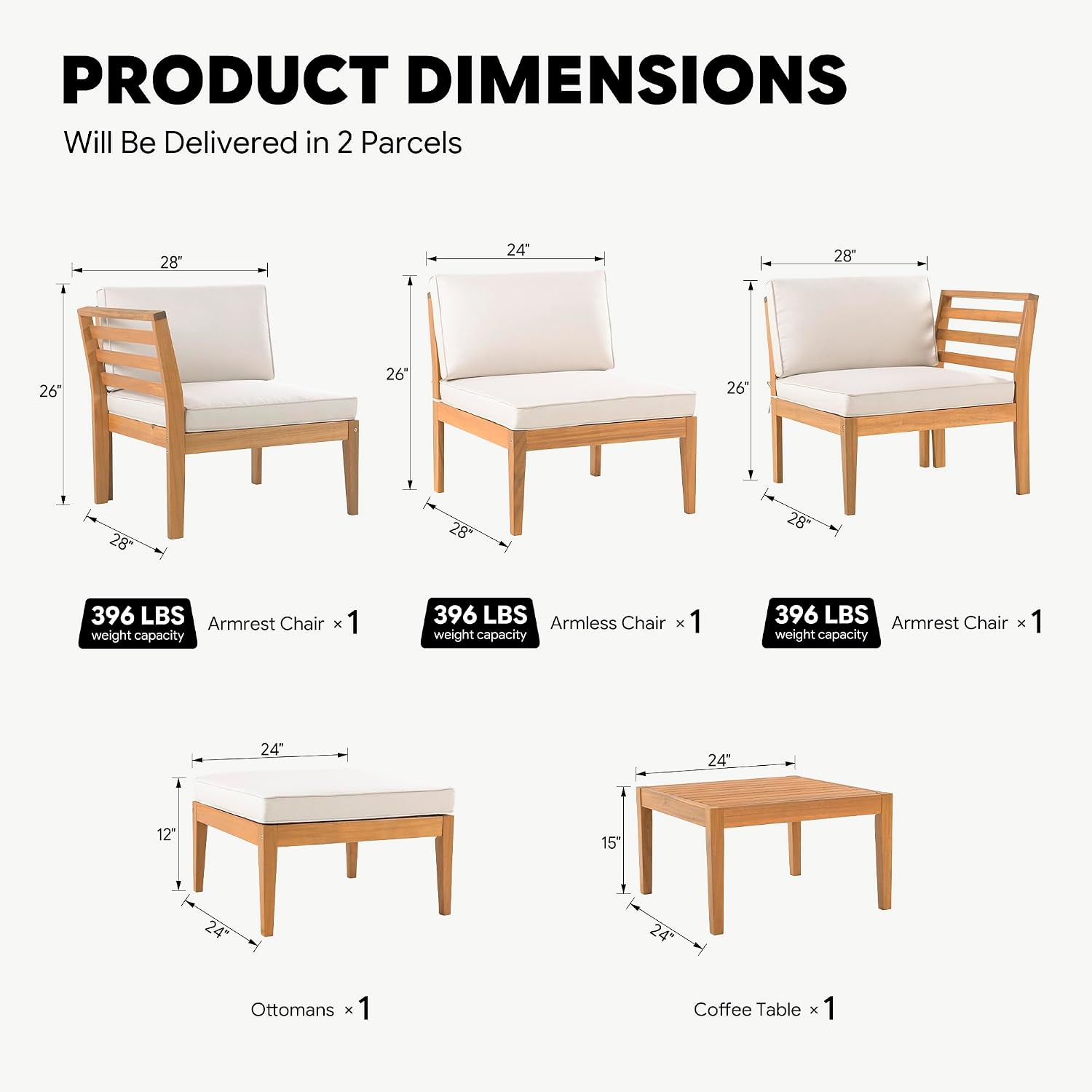Werph 5-Piece Acacia Wood Patio Sectional Set, L-Shaped Outdoor Sofa Garden Couch with Coffee Table & Removable Cushions for Backyard, Deck, Beige