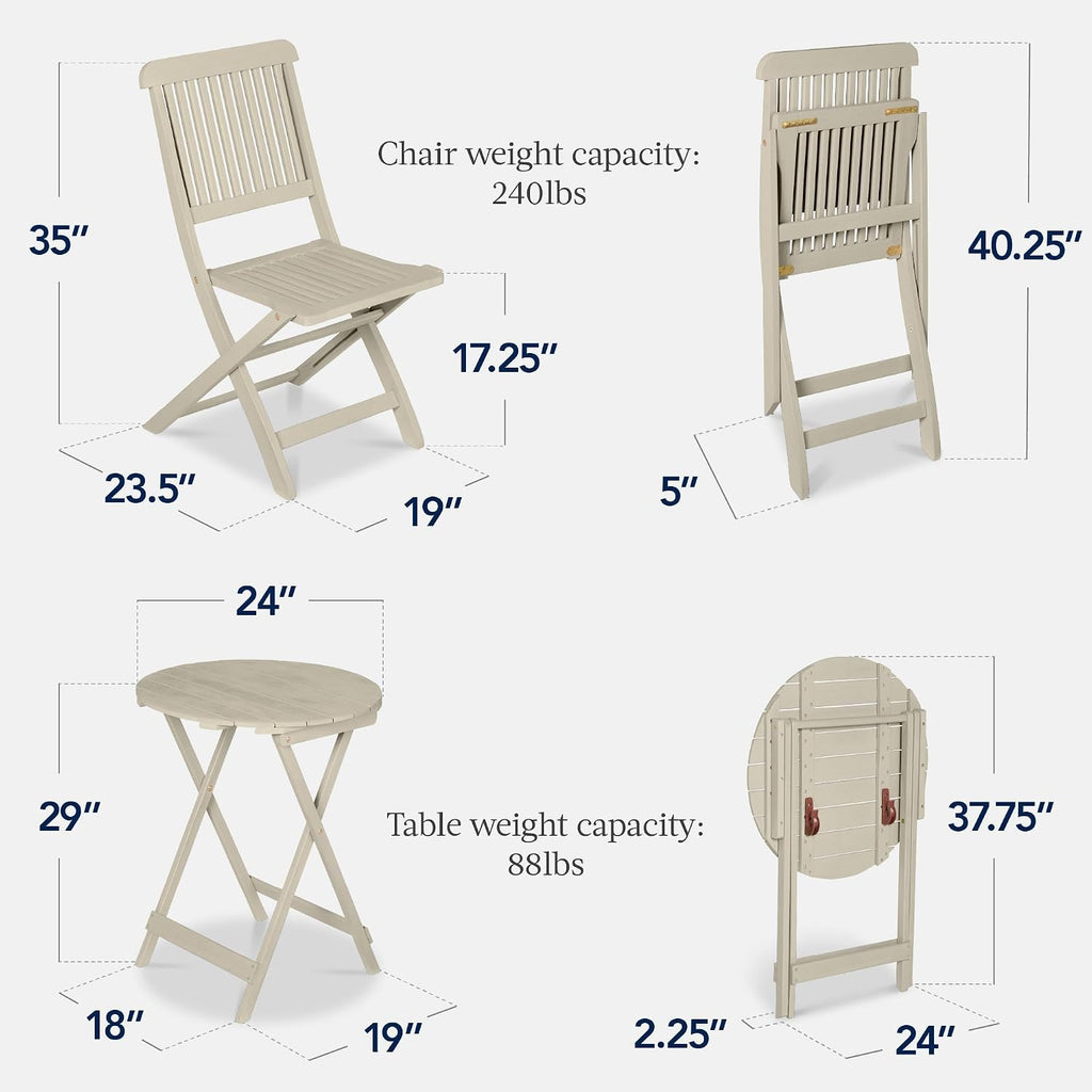 Best Choice Products 3-Piece Acacia Wood Bistro Set, Folding Patio Furniture for Backyard, Balcony, Deck w/ 2 Chairs, Round Coffee Table, Teak Finish - Cream