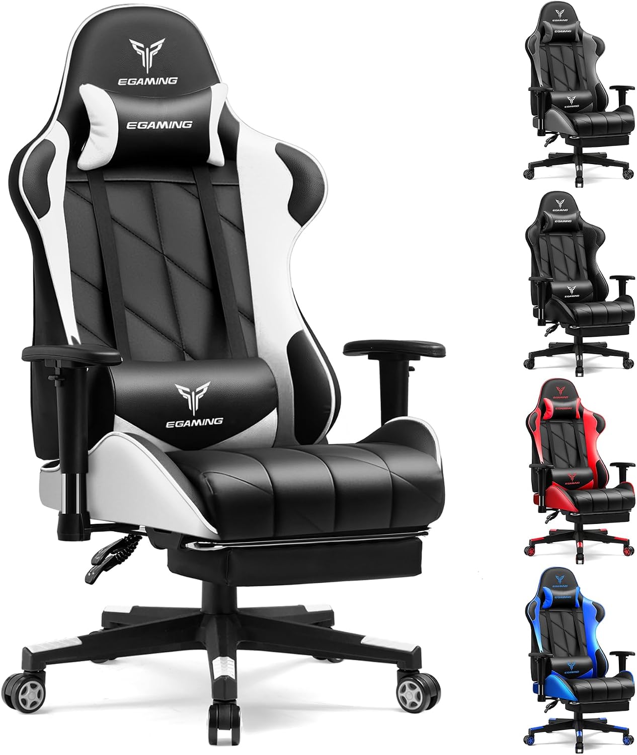 Gaming Chair with Footrest, Ergonomic High-Back PU Leather Computer Chair with 3D Adjustable Armrests, Headrest and Lumbar Support, Office Desk Chair with Diamond Stitching for Adults & Teen
