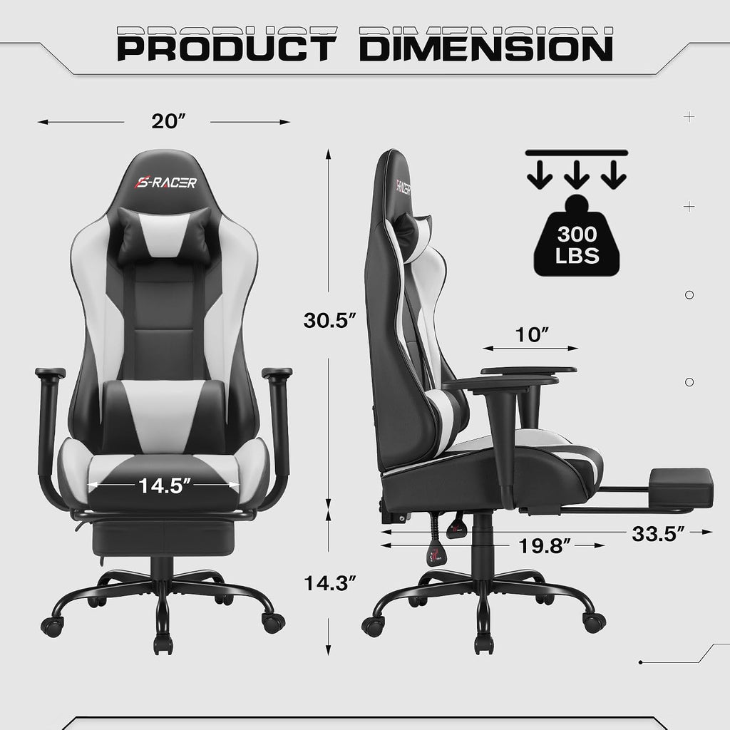 Homall Gaming Chairs, Computer Chair with Footrest and Massage Lumbar Support, Height Adjustable Game Chair with Headrest and Swivel Seat (White)