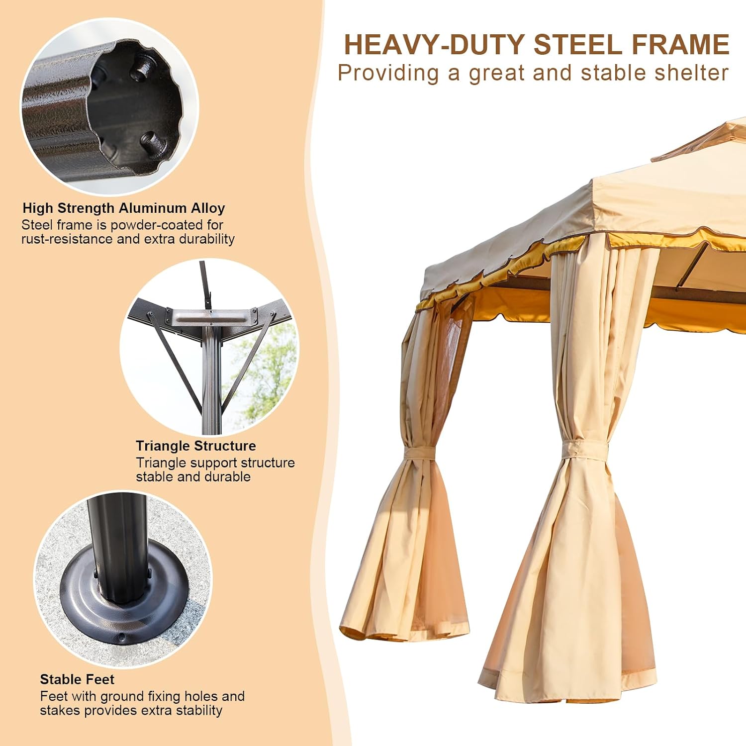 Erommy 10x20 Outdoor Canopy Gazebo, Double Roof Patio Gazebo Steel Frame with Netting and Shade Curtains for Garden,Patio,Party Canopy, Beige