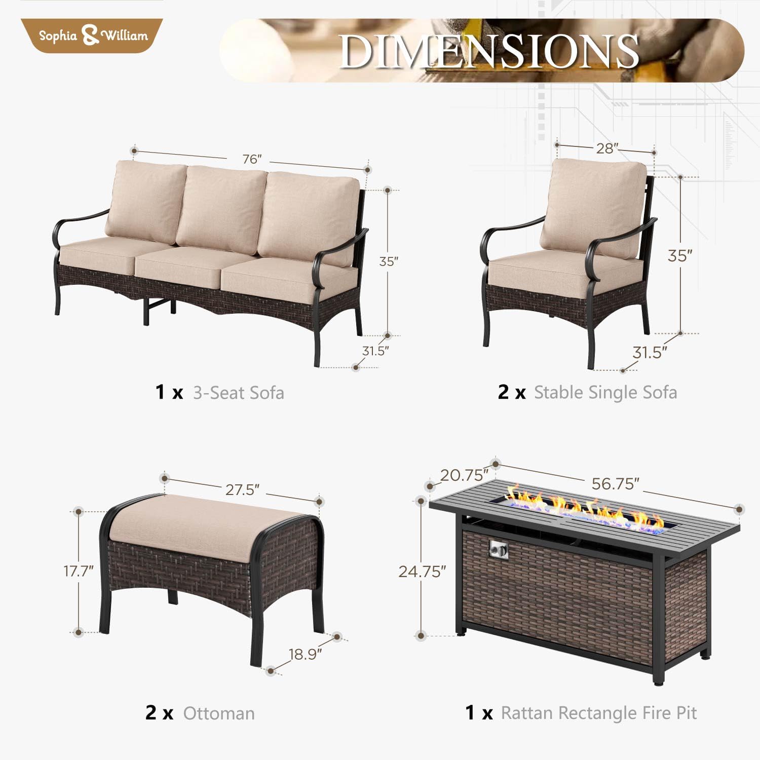 Sophia & William Patio Furniture Set with Fire Pit Table, 6 PCS Metal Outdoor Conversation Set with Fire Pit Table, 2 Sofa Chairs,2 Ottoman, 3-Seater Couch for Outdoor Seating, Backyard, Porch(Beige)