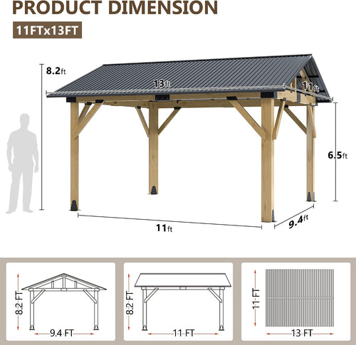 11'x13' Wood Gazebo, Outdoor Hardtop Gazebo, Cedar Frame Wooden Gazebos with Waterproof Steel Roof, Fit Patio, Backyard, Garden, Lawns, Porch