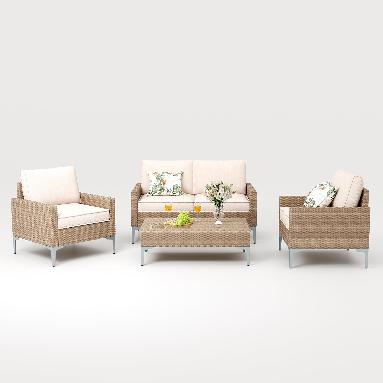 JOYURE 4-Piece Patio Furniture Set,Outdoor Wicker Patio Conversation Set with Tempered Glass Table,All-Weather Rattan Sectional Loveseat&Chairs with Thick Cushions for Garden,Deck,Backyard-Beige