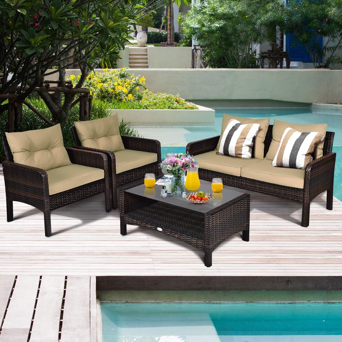 COSTWAY 4-Piece Patio Furniture Set, Sectional Wicker Rattan Sofa Chair with Cushion, Loveseat, Coffee Table with Tempered Glass and Shelf, Outdoor Conversation Sets for Poolside Porch (Brown)