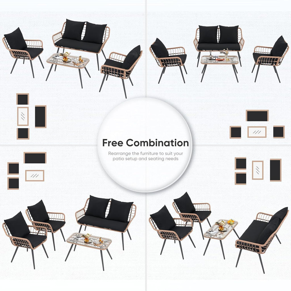 Verano Garden 4 Pieces Patio Furniture Set, Outdoor Wicker Patio Conversation Set for Porch Deck, Boho Loveseat & 2 Armchairs with Cushion and Pillow, Tempered Glass Table