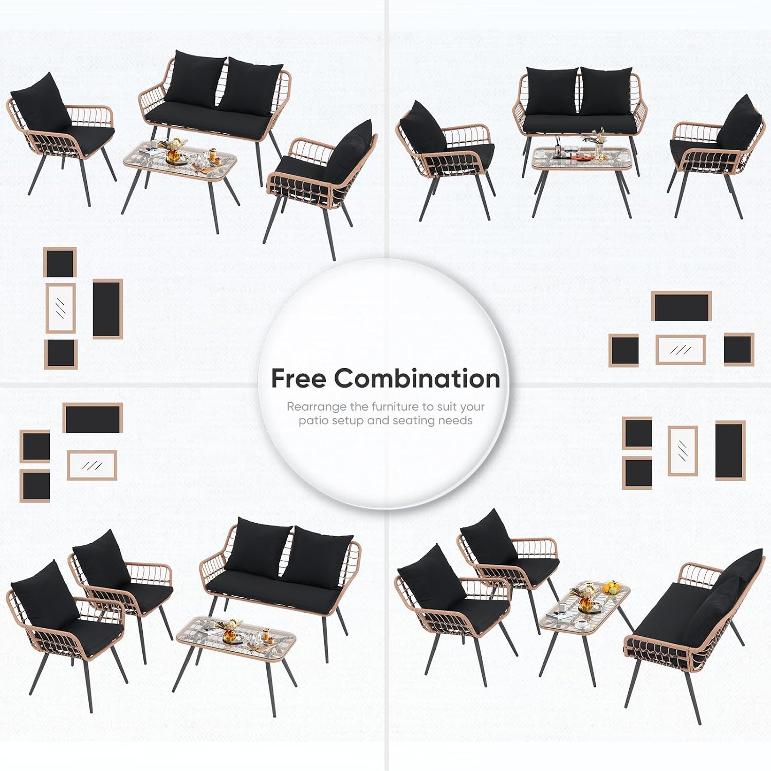 Verano Garden 4 Pieces Patio Furniture Set, Outdoor Wicker Patio Conversation Set for Porch Deck, Boho Loveseat & 2 Armchairs with Cushion and Pillow, Tempered Glass Table